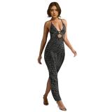 Black Low Cut V Neck Rhinestone Mesh Sexy Midi Prom Dress