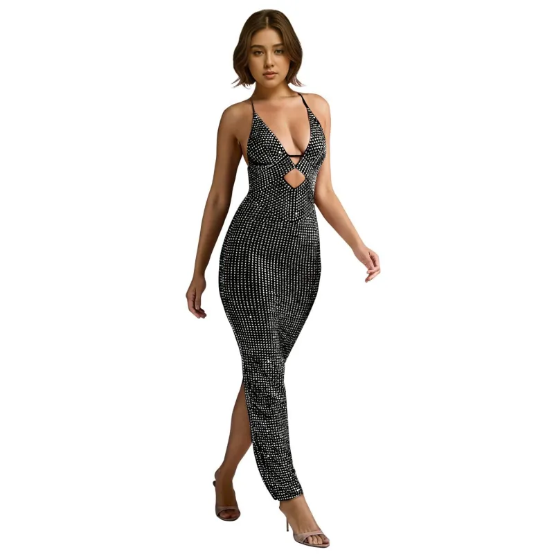 Black Low Cut V Neck Rhinestone Mesh Sexy Midi Prom Dress