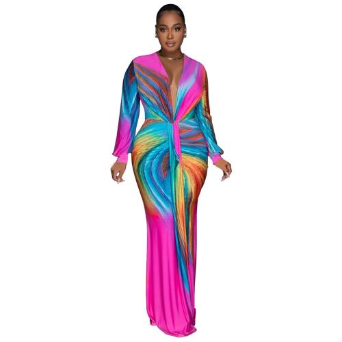 Rose Red Long Sleeve Deep V Neck Printed Pleated Elegant Floral Maxi Dress
