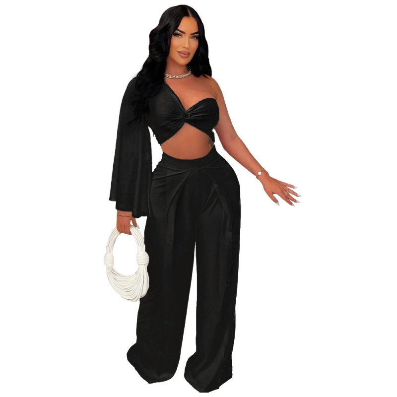 Black One Sleeve V Neck Crop Top Pleated Wide Leg Party Pant Sets