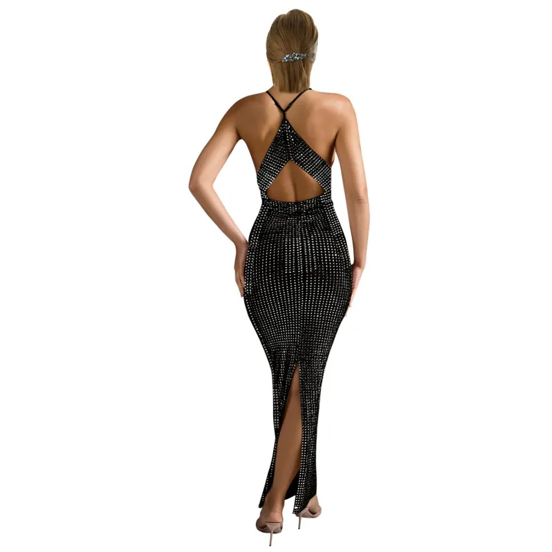 Black Low Cut V Neck Rhinestone Mesh Sexy Midi Prom Dress