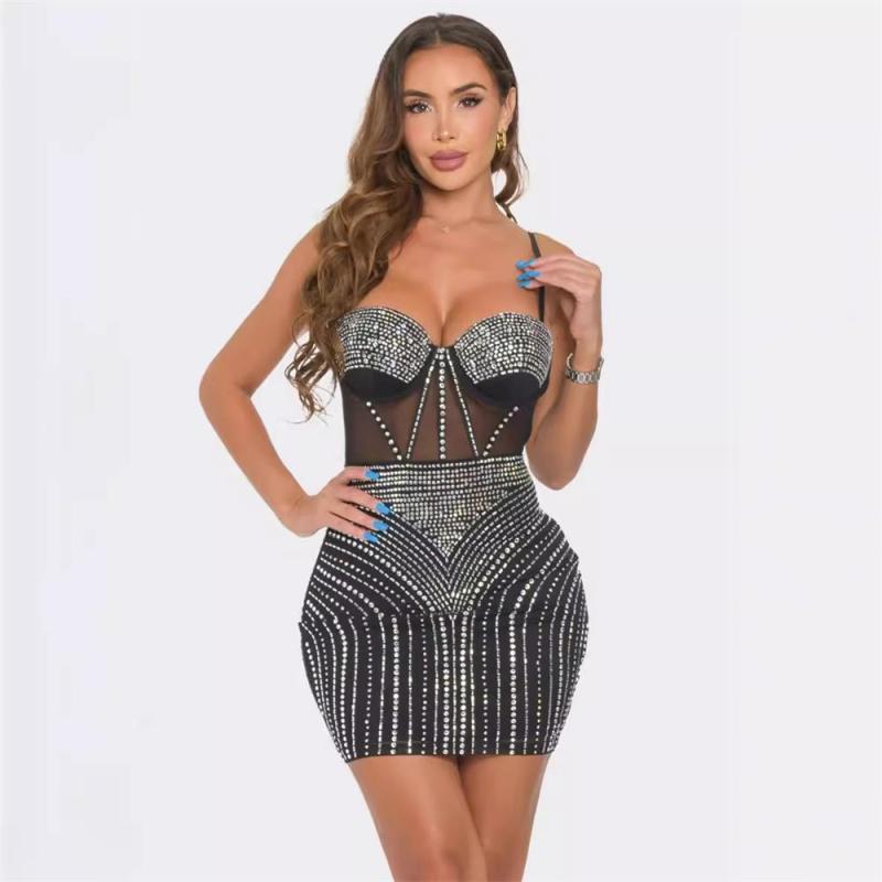 Black Halter Low Cut V Neck Mesh Rhinestone Bodycon Club Mini Dress