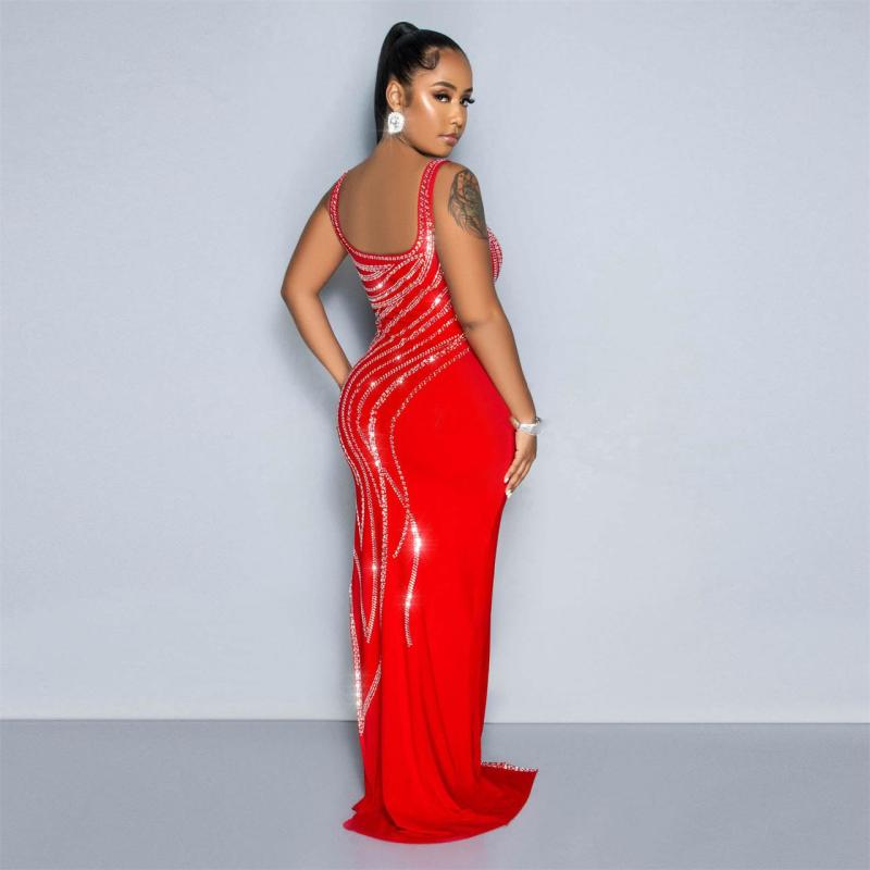 Red Sleeveless Low Cut Halter Diamonds Slit Sexy Women Prom Maxi Dress