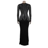 Black Long Sleeve Deep V Neck Rhinestones Sexy Evening Formal Maxi Dress