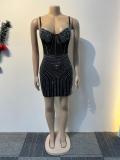 Black Halter Low Cut V Neck Mesh Rhinestone Bodycon Club Mini Dress