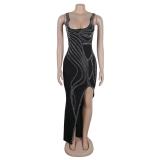 Black Sleeveless Low Cut Halter Diamonds Slit Sexy Women Prom Maxi Dress