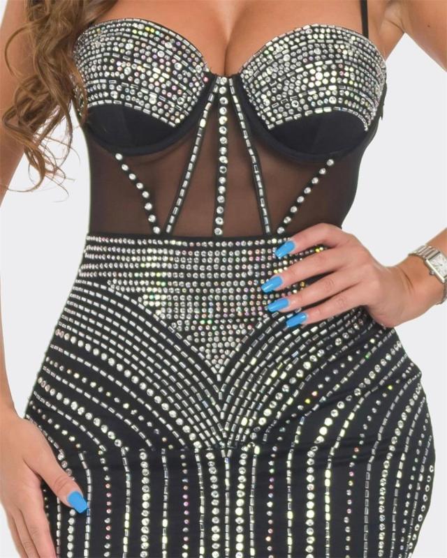 Black Halter Low Cut V Neck Mesh Rhinestone Bodycon Club Mini Dress