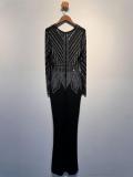 Black Long Sleeve Deep V Neck Rhinestones Sexy Evening Formal Maxi Dress