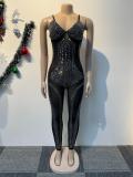 Black Low Cut Mesh Rhinestone Pleated See Through Sexy Jumpsuits