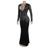 Black Long Sleeve Deep V Neck Rhinestones Sexy Evening Formal Maxi Dress