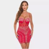 Red Halter Low Cut V Neck Mesh Rhinestone Bodycon Club Mini Dress