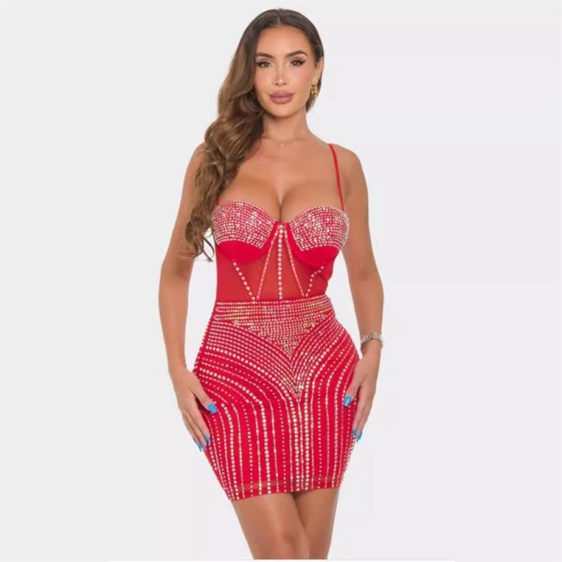 Red Halter Low Cut V Neck Mesh Rhinestone Bodycon Club Mini Dress