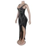 Black Sleeveless Low Cut Halter Diamonds Slit Sexy Women Prom Maxi Dress