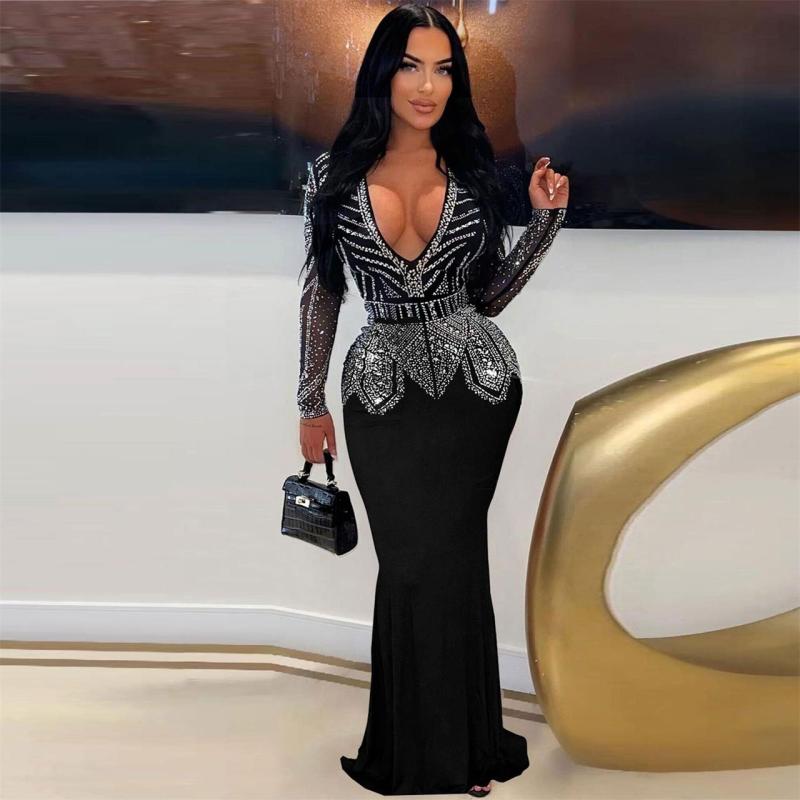 Black Long Sleeve Deep V Neck Rhinestones Sexy Evening Formal Maxi Dress