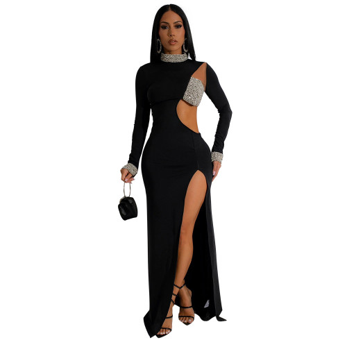 Black Long Sleeve Hollow Out Rhinestone Elegant Women Formal Long Dress