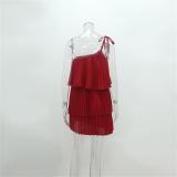 Red Chiffon Sleeveless Pleated Fashion Women Skirt Dres