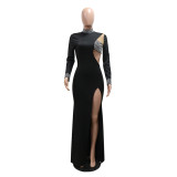 Black Long Sleeve Hollow Out Rhinestone Elegant Women Formal Long Dress