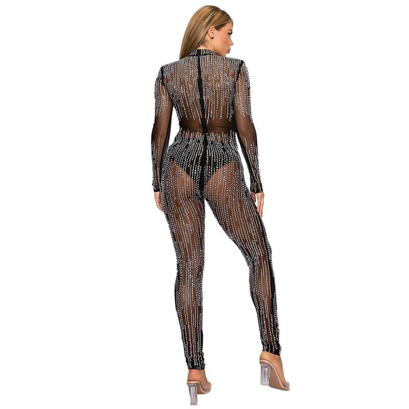 Black Mesh Long Sleeve Rhinestone See Through Sexy Jumpsuit