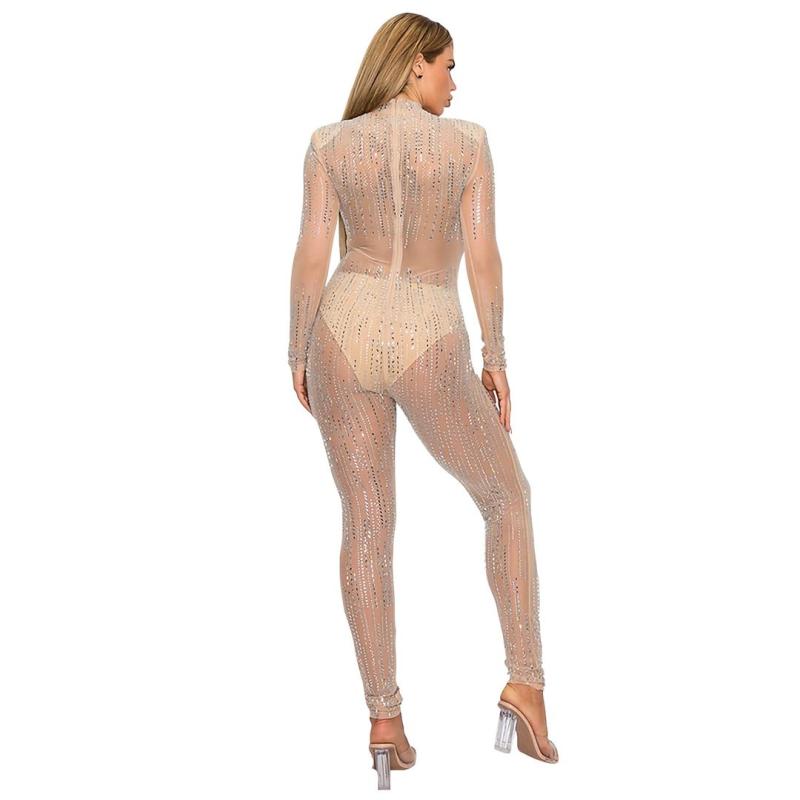 Beige Mesh Long Sleeve Rhinestone See Through Sexy Jumpsuit