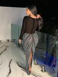 Black Mesh Rhinestone Elegant Women Bodycon Prom Maxi Dress