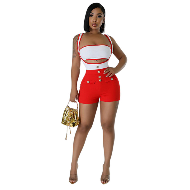 Red Off Shoulder Vest Top Straps Fashion Rompers Short Sets