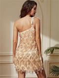 Gold Off Shoulder Sequins Strapless Tassels Pleated Mini Party Dress