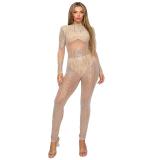 Beige Mesh Long Sleeve Rhinestone See Through Sexy Jumpsuit