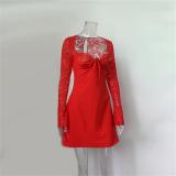 Red Lace Hollow Out Long Sleeve Low Cut Sexy Girls Mini Dress