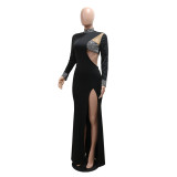 Black Long Sleeve Hollow Out Rhinestone Elegant Women Formal Long Dress