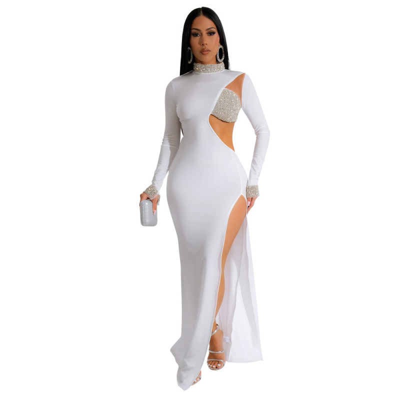 White Long Sleeve Hollow Out Rhinestone Elegant Women Formal Long Dress