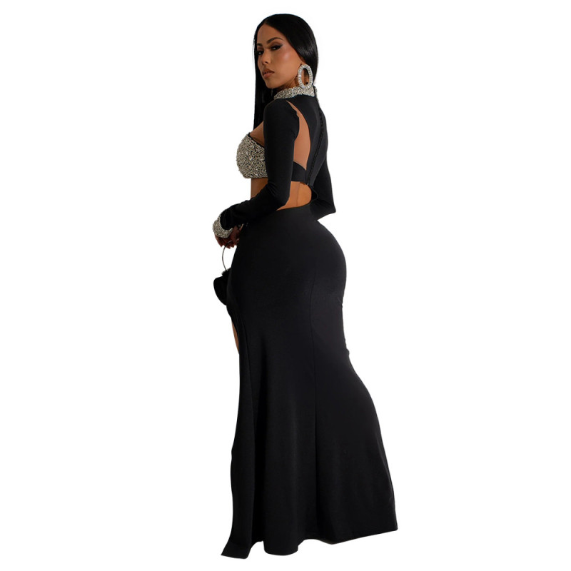 Black Long Sleeve Hollow Out Rhinestone Elegant Women Formal Long Dress