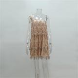 Gold Off Shoulder Sequins Strapless Tassels Pleated Mini Party Dress