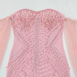 Pink Off Shoulder Mesh Pearls Pleated Diamonds Wedding Maxi Dress