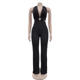 Black Deep V Neck Halter Hollow Out Sexy Women Casual Jumpsuit