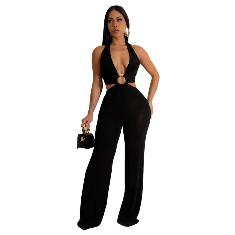 Black Deep V Neck Halter Hollow Out Sexy Women Casual Jumpsuit