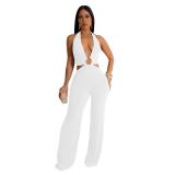 White Deep V Neck Halter Hollow Out Sexy Women Casual Jumpsuit