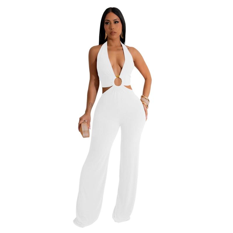 White Deep V Neck Halter Hollow Out Sexy Women Casual Jumpsuit