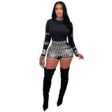 Black  Long Sleeve O Neck Bodycon Pleated Diamonds Romper Dress