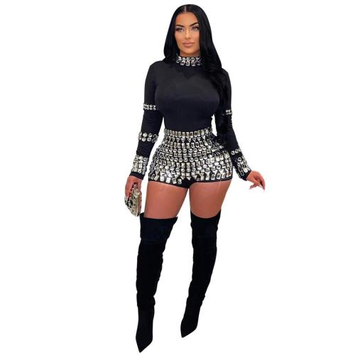 Black  Long Sleeve O Neck Bodycon Pleated Diamonds Romper Dress