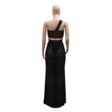 Black Mesh One Shoulder See Through Sexy Women Party Maxi Dress
