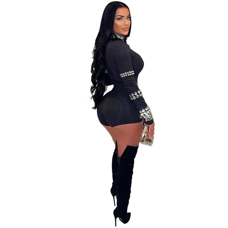 Black  Long Sleeve O Neck Bodycon Pleated Diamonds Romper Dress