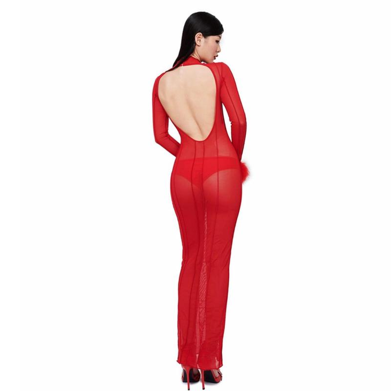 Red Mesh Sexy See Through Backless Women Party Long Dress