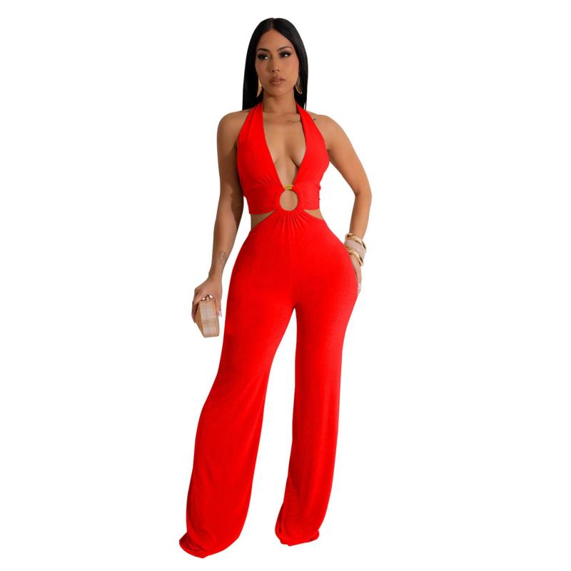 Red Deep V Neck Halter Hollow Out Sexy Women Casual Jumpsuit