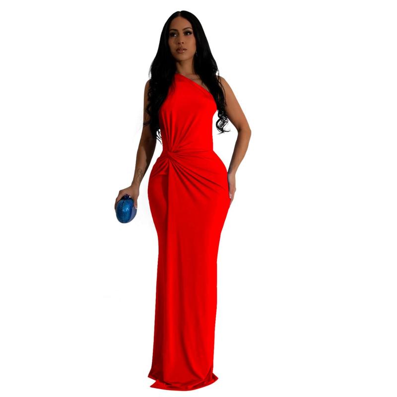 Red One Shoulder Snatched Pleated Women Evening Maxi Dress