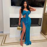 Lake Blue Halter Neck Bandage Crop Top Tassels Sexy High Slit Midi Skirt Dress