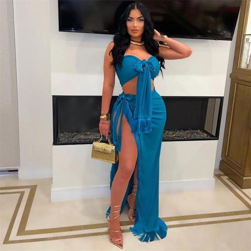 Lake Blue Halter Neck Bandage Crop Top Tassels Sexy High Slit Midi Skirt Dress
