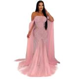 Pink Off Shoulder Mesh Pearls Pleated Diamonds Wedding Maxi Dress