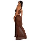 Brown Mesh One Shoulder See Through Sexy Women Party Maxi Dress