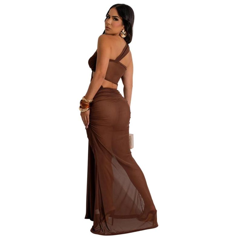 Brown Mesh One Shoulder See Through Sexy Women Party Maxi Dress
