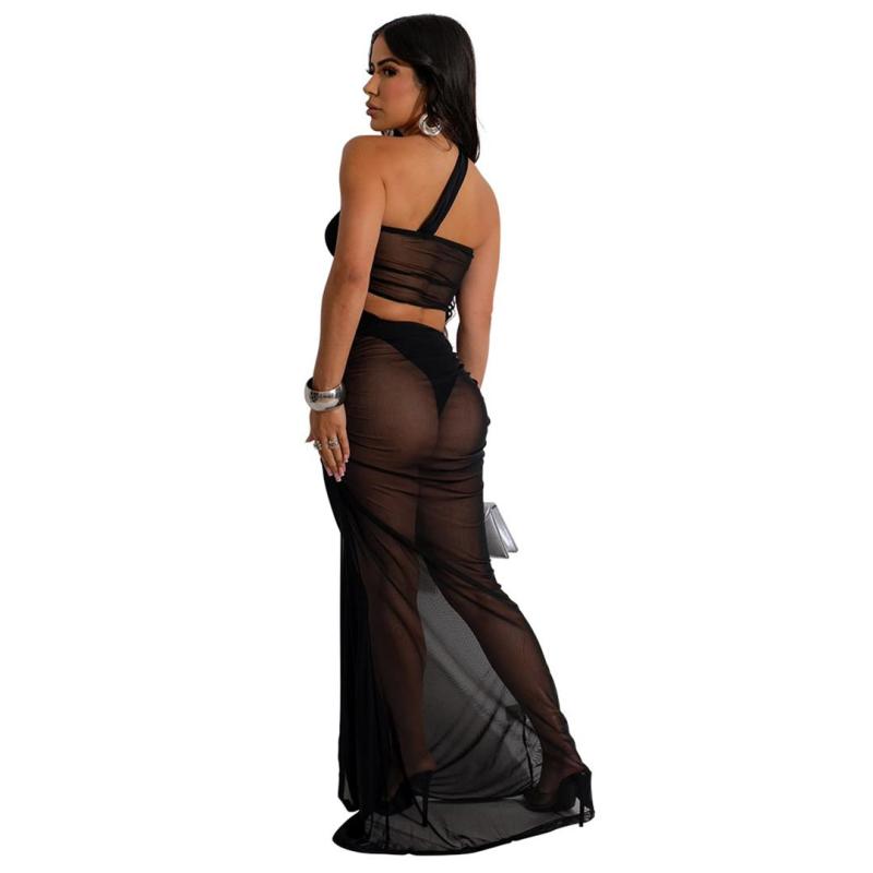 Black Mesh One Shoulder See Through Sexy Women Party Maxi Dress